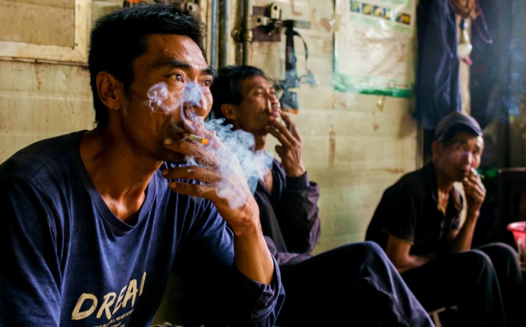 Табачный фермер собирает листья в Китае